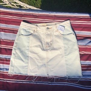 White and light blue color block jean skirt